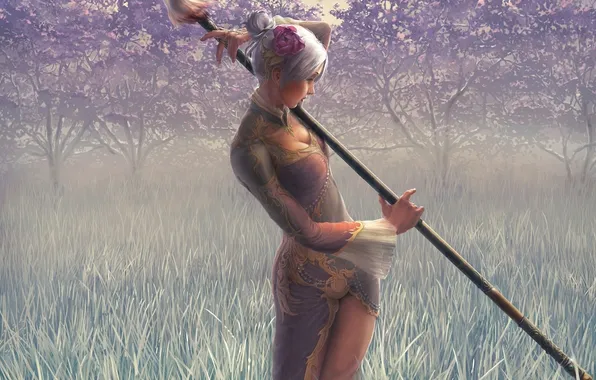 Картинка трава, девушка, деревья, оружие, платье, арт, дымка, копье