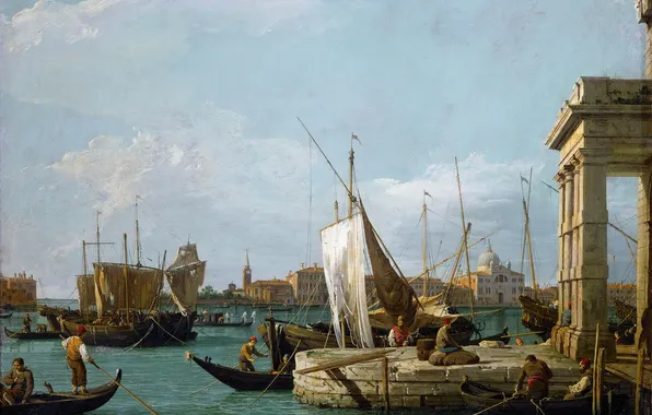 Картинка пейзаж, люди, картина, Венеция, канал, Canaletto, The Dogana in Venice