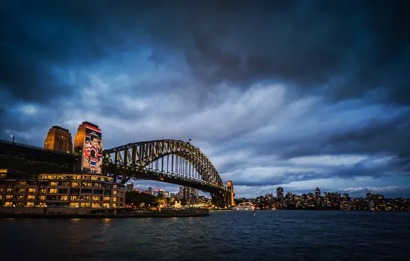 Мост, Австралия, Сидней, ночной город, Australia, Sydney, Sydney Harbour Bridge, Харбор-Бридж