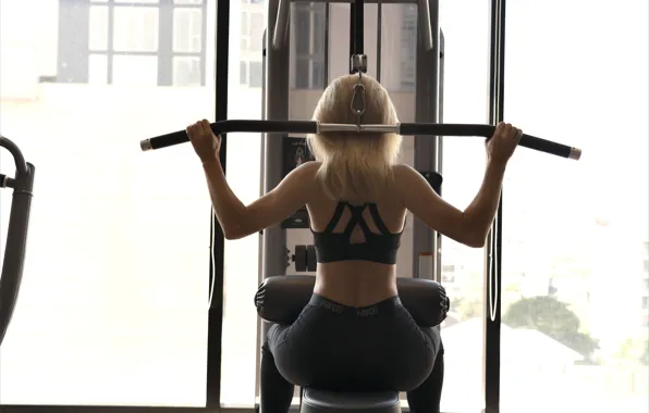 Sexy woman, workout, black tights, slim figure, bare shoulders, exercise machine, athletic girl, Cara Mell