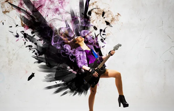Картинка девушка, музыка, дым, гитара, крылья, рок
