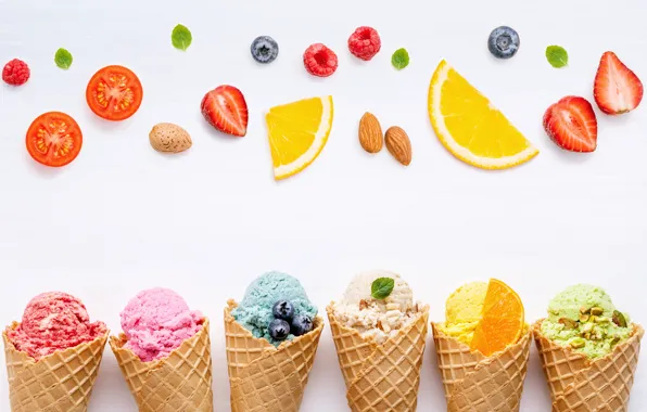 Ягоды, colorful, мороженое, фрукты, рожок, fruit, berries, ice cream