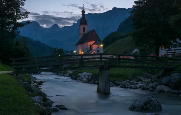 Картинка горы, мост, река, Германия, Бавария, церковь, Germany, Bavaria