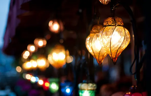 Город, дом, лампы, здание, вечер, фонари, blur, bokeh