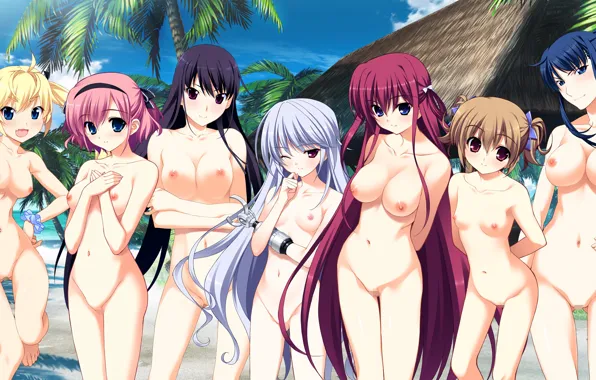 Sexy, pink hair, red hair, long hair, girls, nipples, boobs, anime
