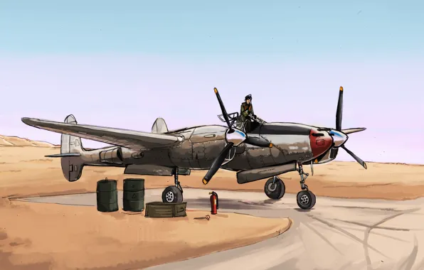 Картинка пустыня, истребитель, арт, пилот, Lockheed, USAF, P-38 Lightning
