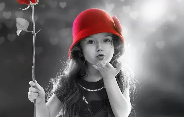 Картинка red, girl, Red, black, Rose, kiss, child