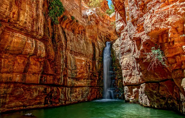 Картинка вода, скалы, водопад, поток, ущелье, Израиль