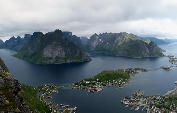 Картинка острова, горы, Норвегия, мосты, Norway, islands, городок., Лофотенские