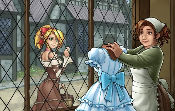 Картинка девушка, женщина, эльф, аниме, платье, окно, блондинка