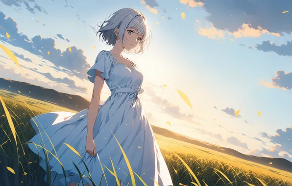 Поле, девушка, солнце, аниме, girl, field, woman, anime