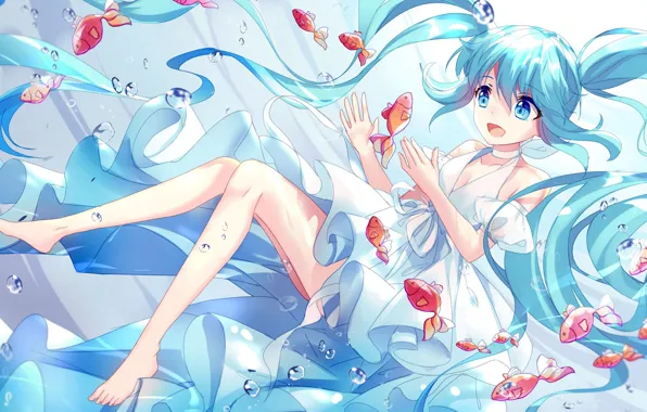Рыбки, девочка, Hatsune Miku, Vocaloid, Вокалоид, голубые волосы, Хатсуне Мику