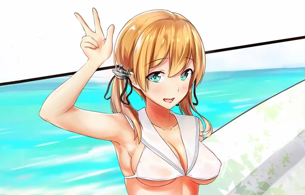 Girl, sexy, cleavage, beach, green eyes, sea, boobs, anime