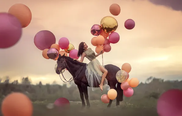 Картинка девушка, шарики, лошадь, платье, Анюта Онтикова