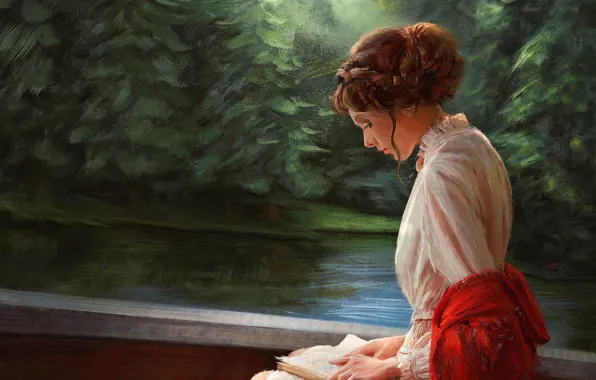 Картинка девушка, тишина, прическа, книга, речка, белое платье, art, на природе