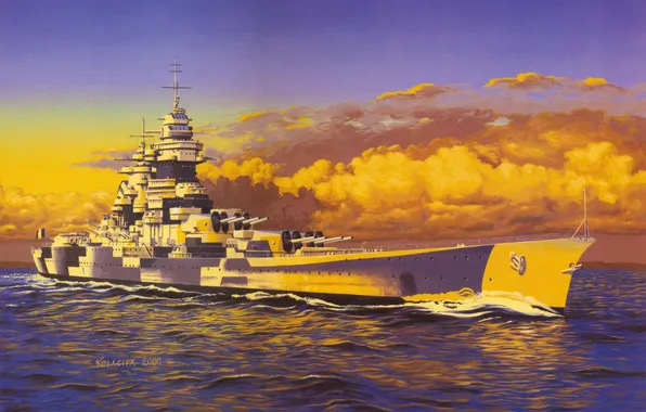 Картинка море, волны, война, рисунок, корабль, арт, WW2, линейный