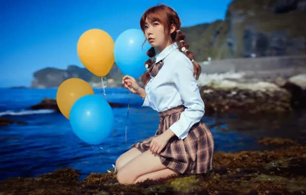 Девушка, шары, азиатка