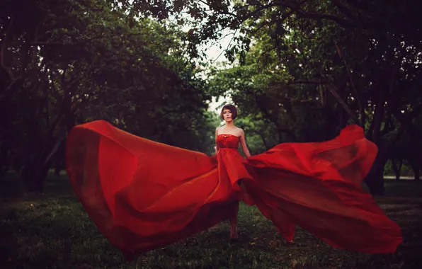 Девушка, деревья, стиль, красное, платье, фотограф, Nikolay Tikhomirov
