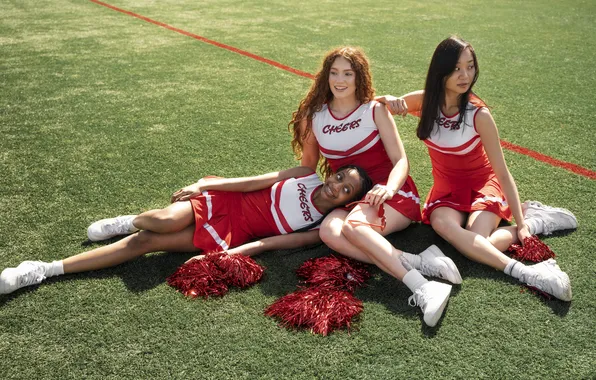 Grass, happy, sitting, cheerleaders, full shot