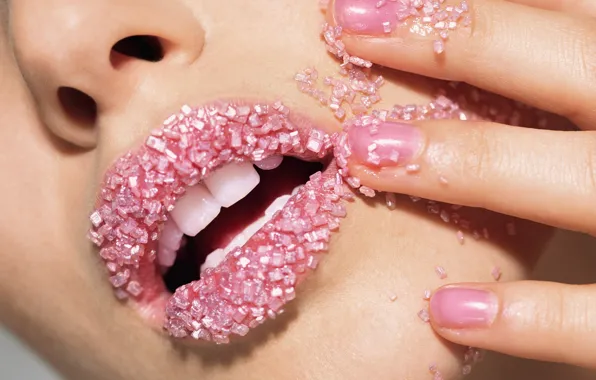 Розовый, зубы, губы, сахар, ногти, лак