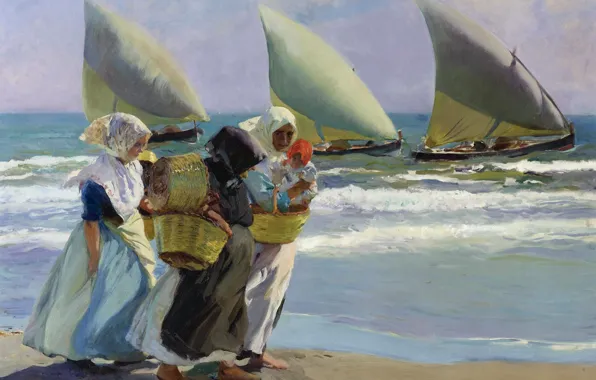 Картинка женщины, берег, лодка, картина, парус, морской пейзаж, жанровая, Хоакин Соролья