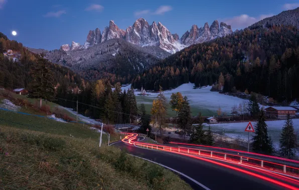 Картинка дорога, осень, лес, горы, долина, Италия, Italy, Доломитовые Альпы