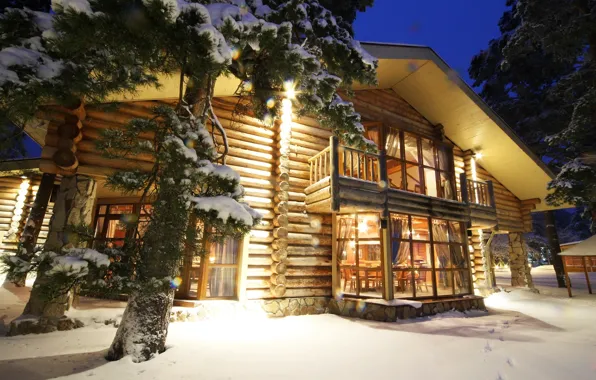 Картинка зима, снег, дома, вечер