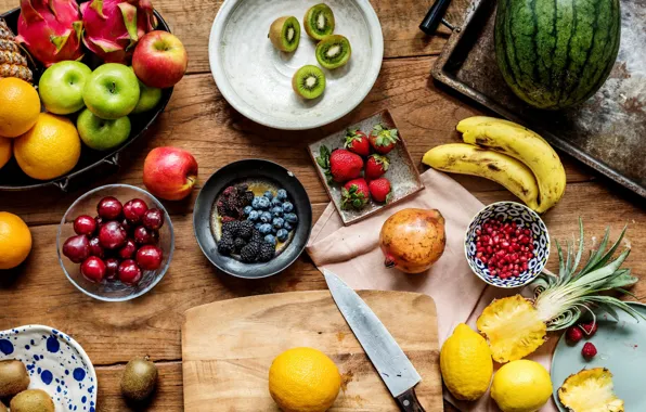 Картинка арбуз, стол, киви, гранат, черешня, ягоды, фрукты, ананас