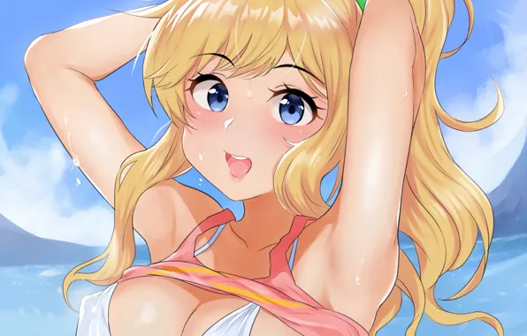 Girl, sexy, cleavage, beach, long hair, boobs, anime, blue eyes