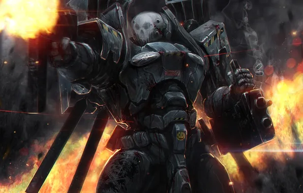 Skull, soldier, armor, heavy weapons, happy face