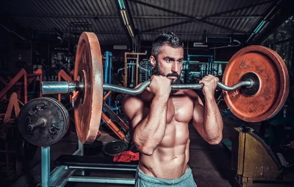 Поза, muscle, мышцы, штанга, пресс, атлет, gym, бодибилдер