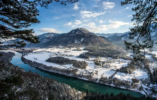 Картинка зима, снег, деревья, пейзаж, горы, река, долина