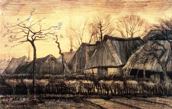 Картинка хижины, Vincent van Gogh, Thatched Roofs, Houses with