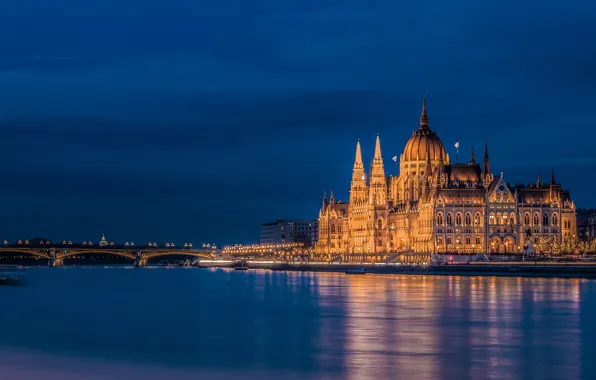 Картинка мост, река, здание, архитектура, ночной город, набережная, Венгрия, Hungary