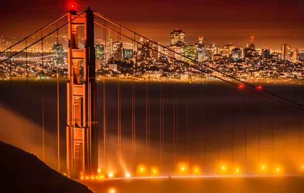 Ночь, мост, огни, туман, Калифорния, Сан-Франциско, золотые ворота