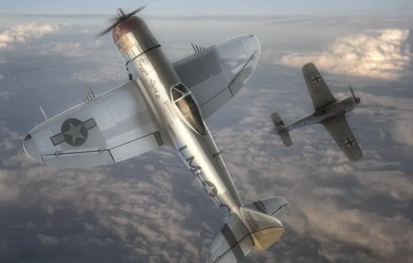 Картинка истребитель, арт, против, американский, Вторая мировая война, P-47, воздушный бой, Focke-Wulf Fw 190 Wurger