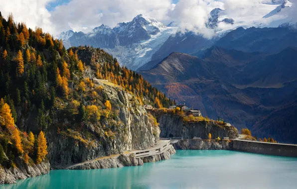 Картинка лес, горы, скалы, плотина, Switzerland, Émosson Dam