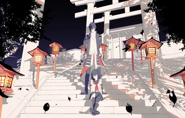Девушка, аниме, арт, парень, Touken ranbu, Танец Мечей, чёрные листья, чеч