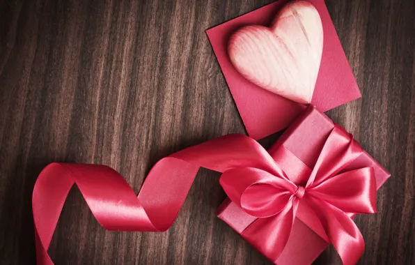 Фон, праздник, коробка, подарок, розовая, сердце, лента, сердечко