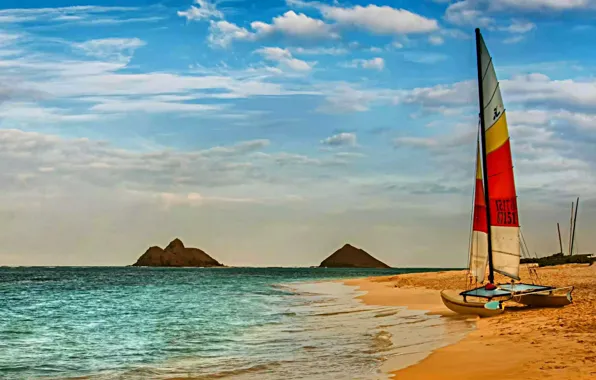 Картинка песок, море, небо, яхта