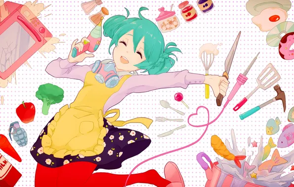 Картинка девушка, улыбка, прыжок, яблоко, граната, молоко, vocaloid, hatsune miku