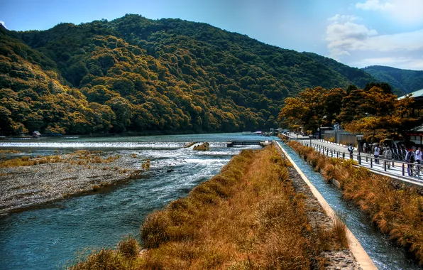 Горы, город, река, Япония, набережная, Kyoto