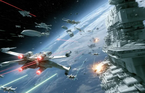 Star Wars, planet, illustration, X-wing, space battle