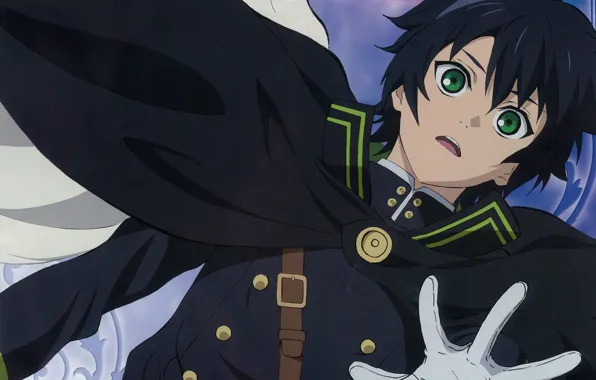 Ремень, жест, зеленые глаза, военная форма, черный плащ, Owari no Seraph, Yuuichirou Hyakuya, Последний серафим