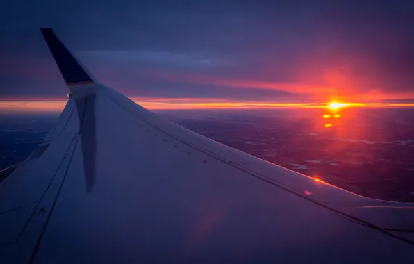 Картинка солнце, горизонт, самолёт, вид сверху, kрыло
