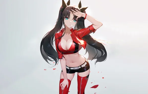 Girl, sexy, Fate Stay Night, cleavage, shorts, thighhighs, green eyes, long hair
