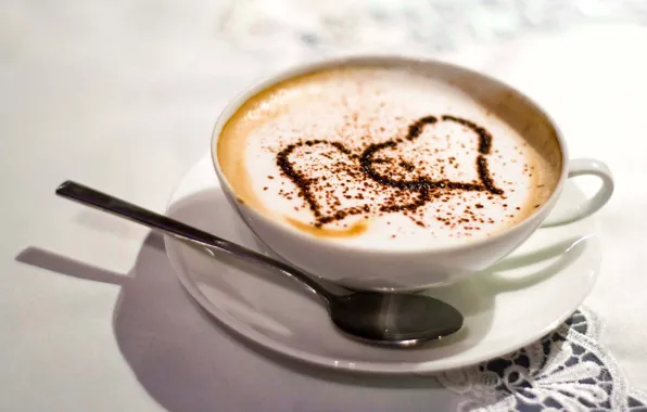 Картинка белый, любовь, стол, кофе, сердца, ложка, чашка, скатерть