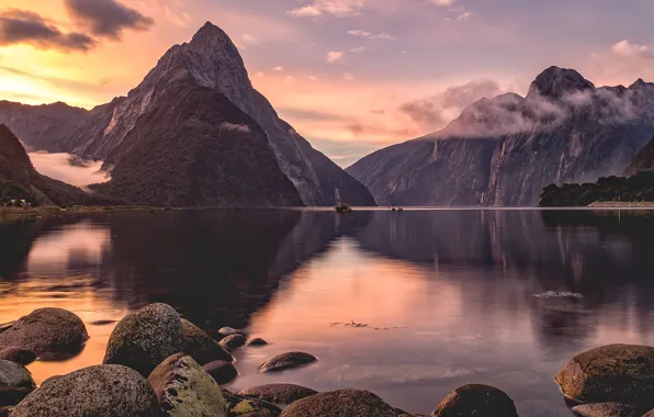 New Zealand, sunset, Milford Sound