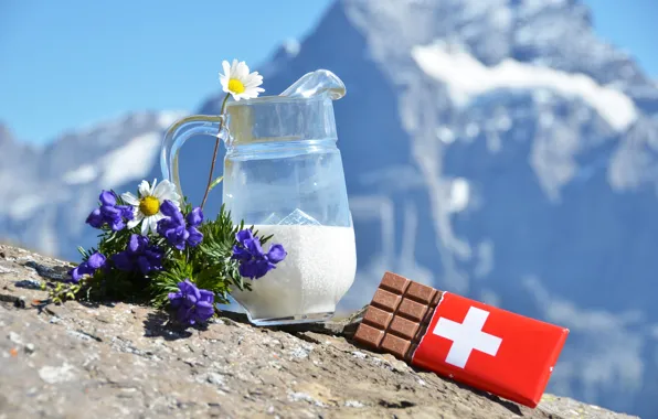 Цветы, шоколад, ромашки, молоко, Альпы, швейцарский