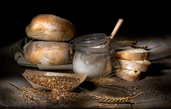 Картинка пшеница, еда, хлеб, банка, черный фон, натюрморт, предметы, зёрна